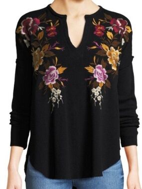 Johnny Was Black Thermal Zosia long sleeve Floral Embroidery top